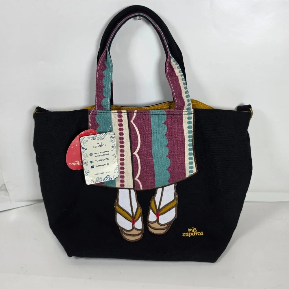 Mis Zapatos Japanese Kimono Geta Sandals Canvas Tote Bag Handbag Black NWT